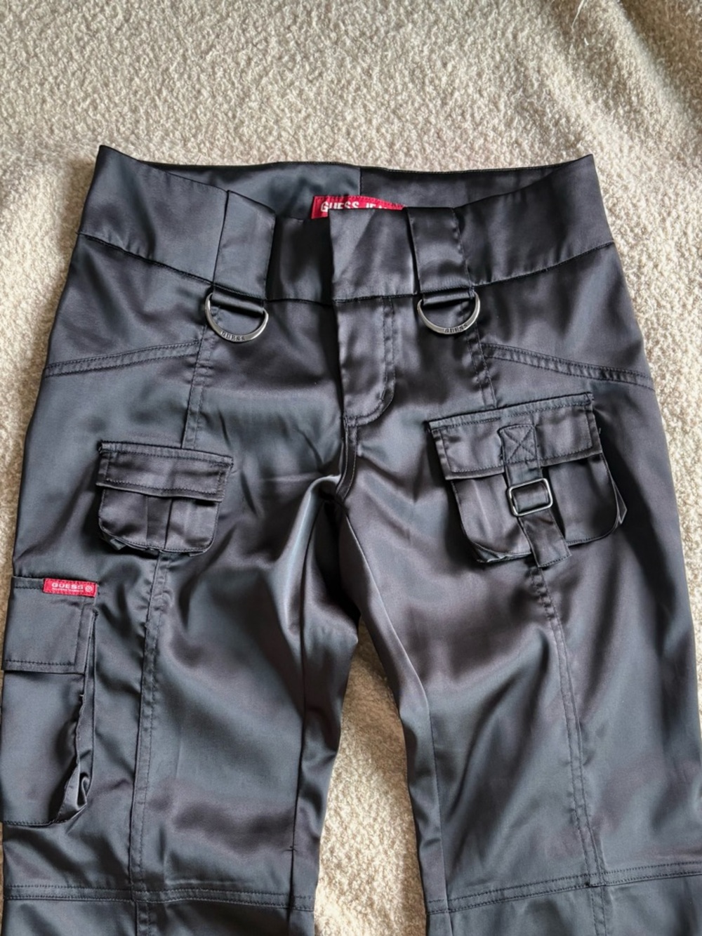 Vintage Guess Satin Flare Cargo Pants Low Rise Black 28 - Picture 6 of 8